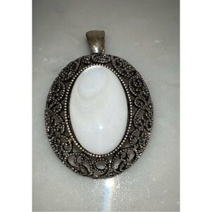 Vintage RMN pendant silver tone filigree white bead metal signed
